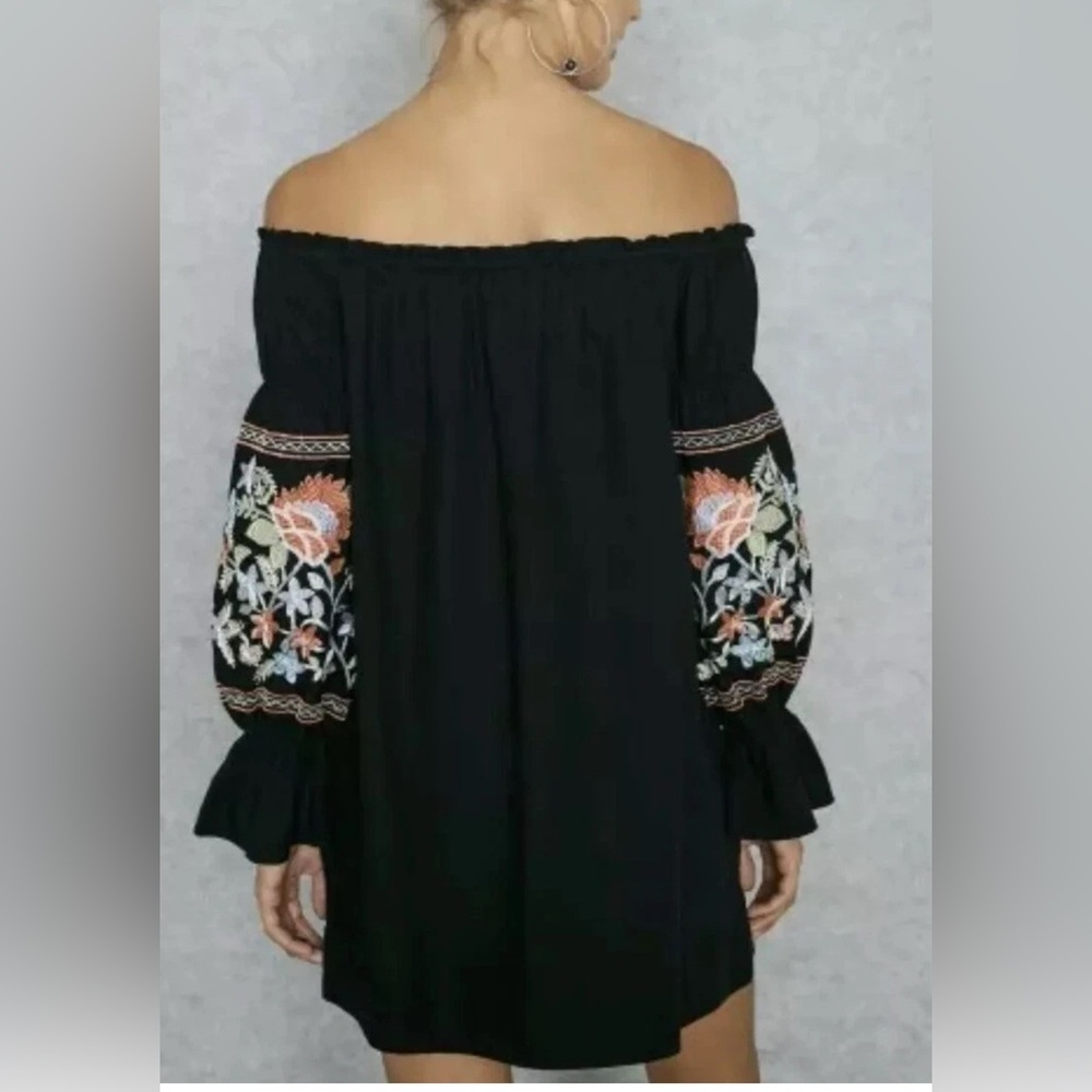 Free People Fleur Du Jour Black Floral Embroidered Off Shoulder Dress Black S - Picture 4 of 15